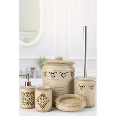 Set de Baie Lux Freda, Bej, Dozator de sapun, Perie, Suport de periuta de dinti, Sapuniera, Coș de Gunoi