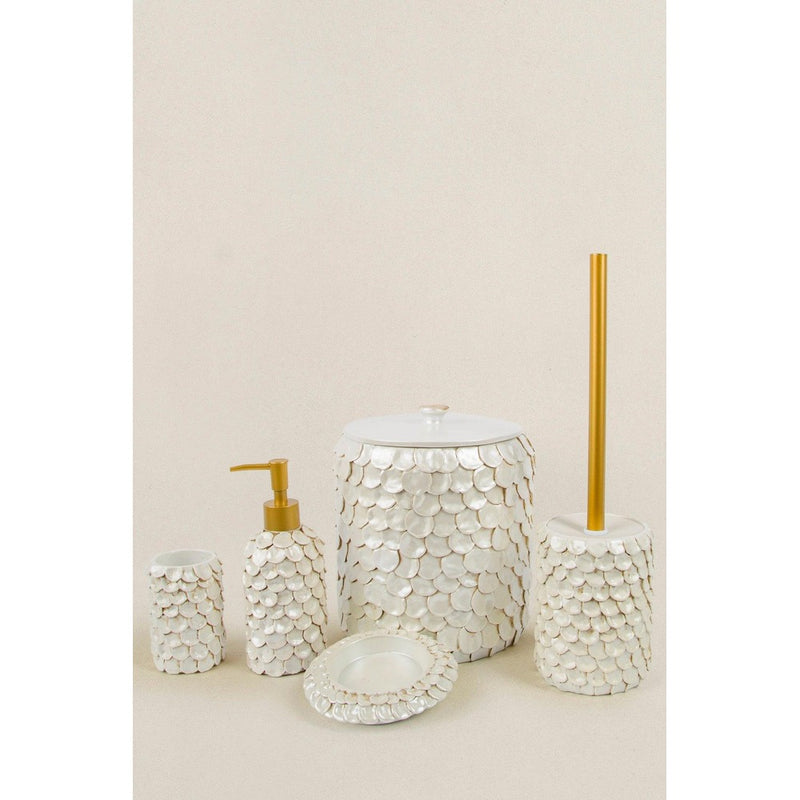 Set de Baie Lux Lindy, Crem, Dozator de sapun, Perie, Suport de periuta de dinti, Sapuniera, Coș de Gunoi
