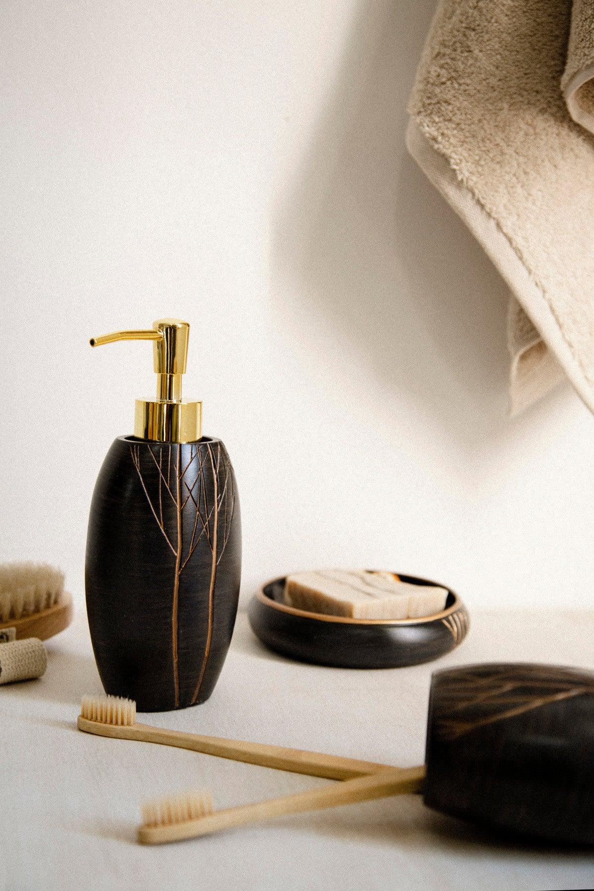 Set de Baie Lux Lioni, Maro, Dozator de sapun, Perie, Suport de periuta de dinti, Sapuniera, Coș de Gunoi