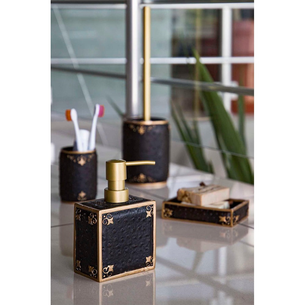 Set de Baie Lux Luxton, Dozator de sapun, Perie, Suport de periuta de dinti, Sapuniera, Negru, 40x120 cm