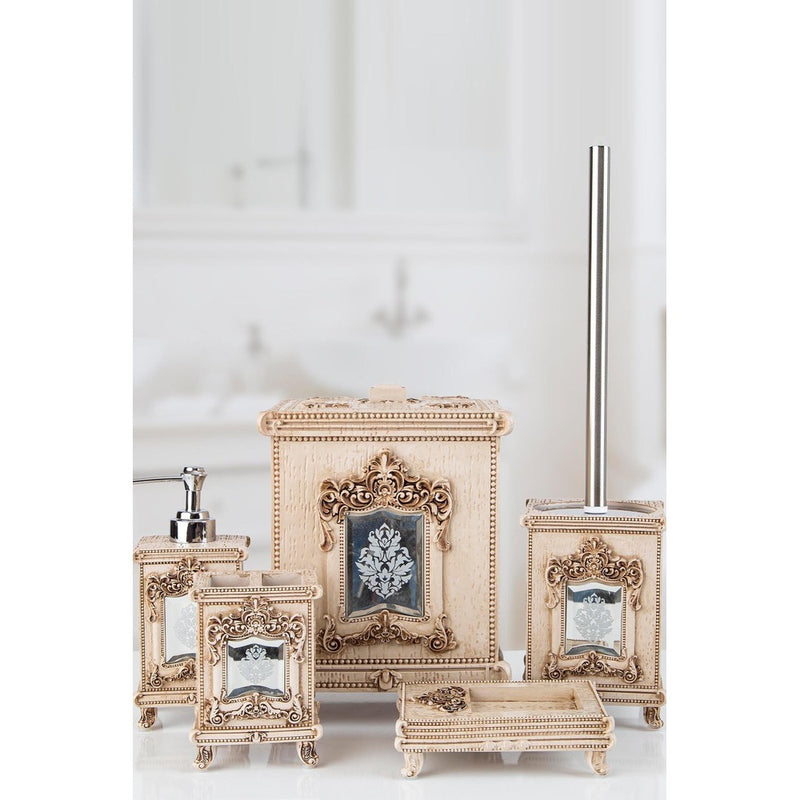 Set de Baie Lux Omera, Bej, Dozator de sapun, Perie, Suport de periuta de dinti, Sapuniera, Coș de Gunoi
