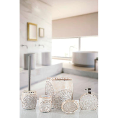 Set de Baie Lux Vanessa, Crem, Dozator de sapun, Perie, Suport de periuta de dinti, Sapuniera, Coș de Gunoi