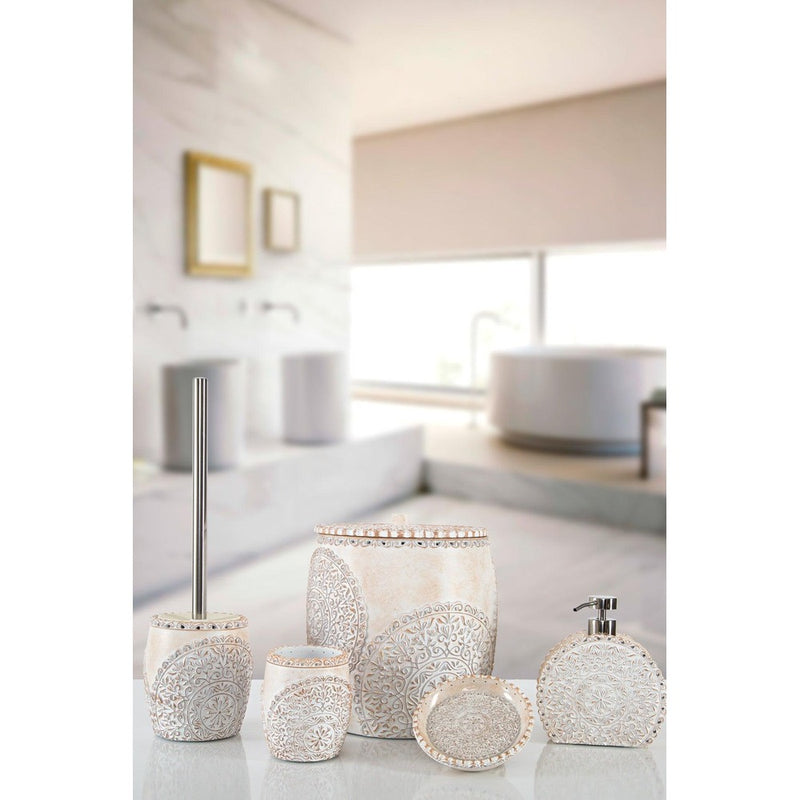 Set de Baie Lux Vanessa, Crem, Dozator de sapun, Perie, Suport de periuta de dinti, Sapuniera, Coș de Gunoi