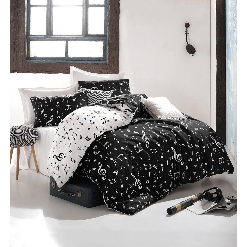 Set Lenjerie de pat double, 65% Bumbac / 35% POLYESTER, Negru, 220x200 cm