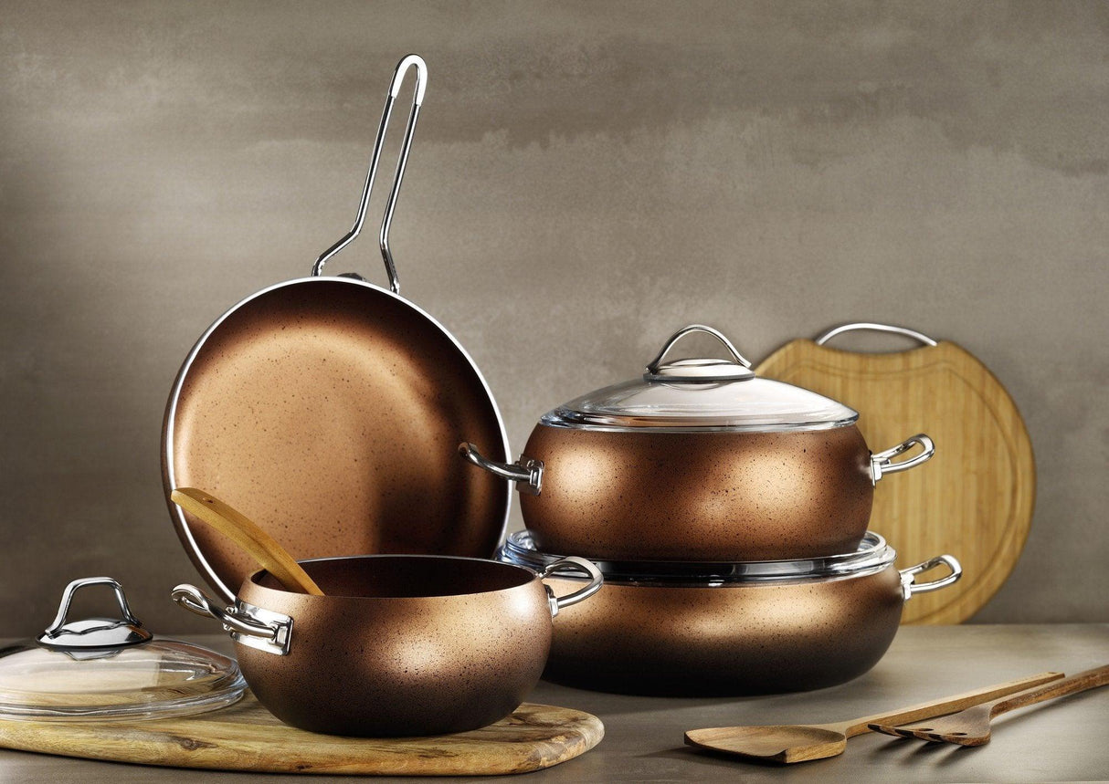 Set oale si tigai, 7 piese, Kutahya Porselen, Aluminiu - Sticla, Maro
