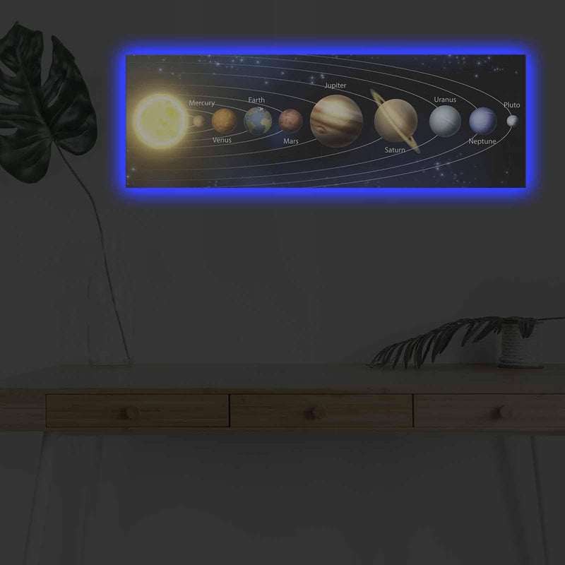 Tablou Canvas cu Led Sistemul Solar fara Priza, Albastru, 90x30 cm