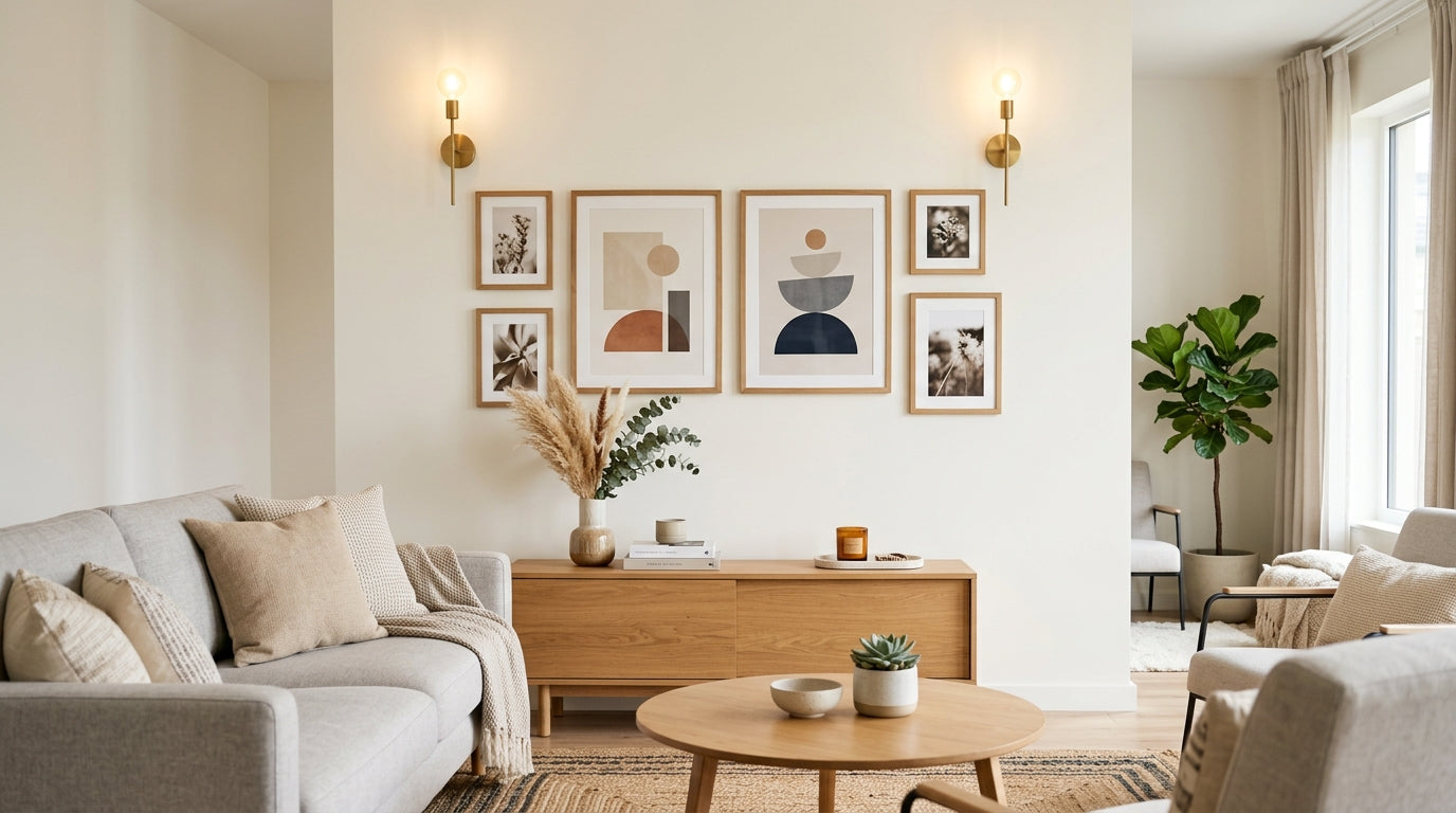 Decorațiuni de perete pentru living: tablouri, oglinzi și rafturi