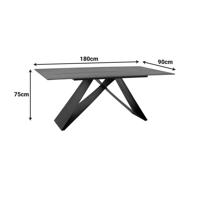 Masă de sufragerie Sabrina cu suprafață din piatră sinterizată, Material: Imitație nuc și metal negru, 180x90x75 cm