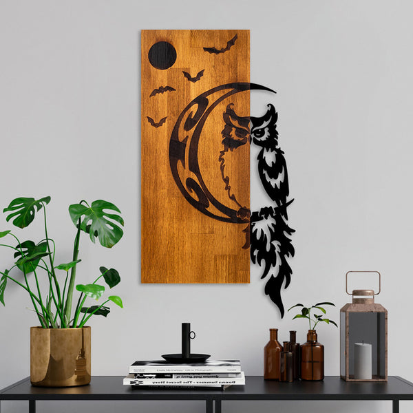 Decor perete cu bufniță Pakoworld, Stil Natural, Lemn de pin și Metal Negru, 36x3x66 cm