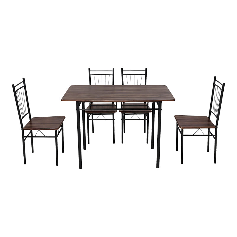 Set masă dining cu 5 piese, imitatie nuc și metal, 110x60x75 cm, model Roza, picioare negre