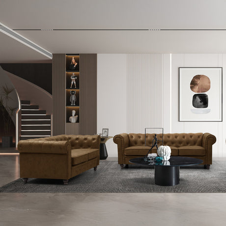 Canapea cu 2 locuri antichizata dintr-un tip incredibil de stofa maro Chesterfield 160x84x67 cm