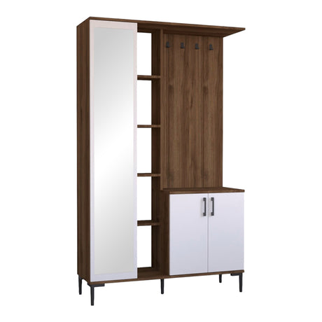 Unitate de intrare cu oglindă și cuier Melena Pakoworld, Modern, Alb/Nuc, Lemn, 120x37.5x199 cm