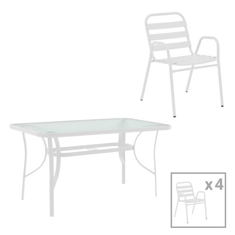 Set masă cu 4 scaune, stil modern, metal și sticlă, alb, 120x70x70cm - Model Sussie Ensure Pakoworld