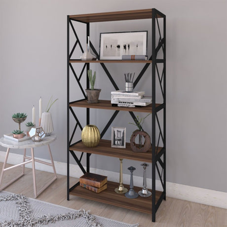 Bimblem Bibliotecă nuc cu negru metal, Negru - Nuc, 60x30x150 cm