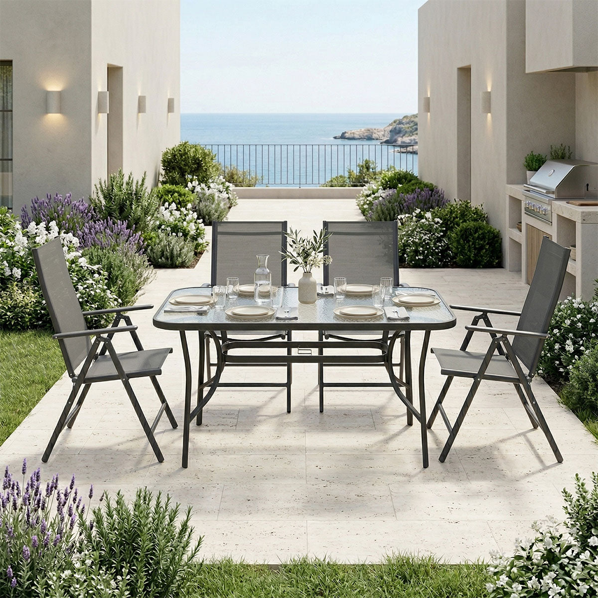 Set dining exterior Ensure Candor, 5 piese, Antracit, metal si sticla, 120x70x70 cm