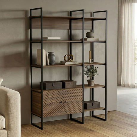 Bibliotecă modernă Rhombo, cu rafturi elegante, finisaj nuc-negru, dimensiuni 120x35x180 cm