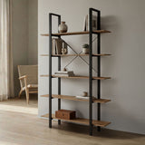 Bibliotecă cu rafturi Loftie , Stil Industrial, Metal Negru și Lemn Sonoma, 126x28x165cm.