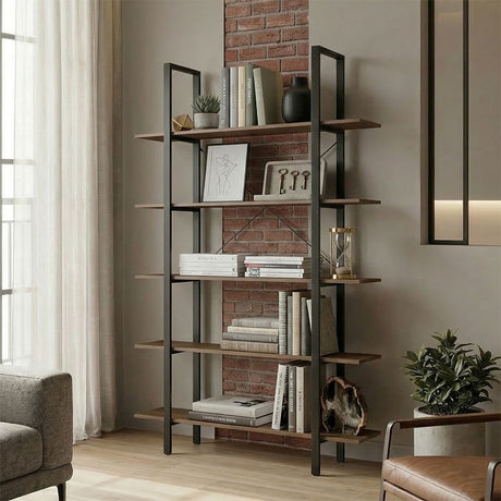 Bibliotecă-Raft cu design modern Varous, Industrial, Metal și Lemn Nuc, 120x28x180 cm