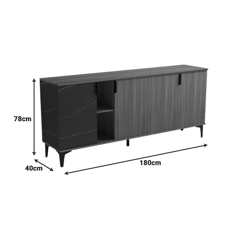 Bufet modern cu aspect marmură  Riba, stil elegant, materiale nuc-negru, dimensiuni 180x40x78cm.