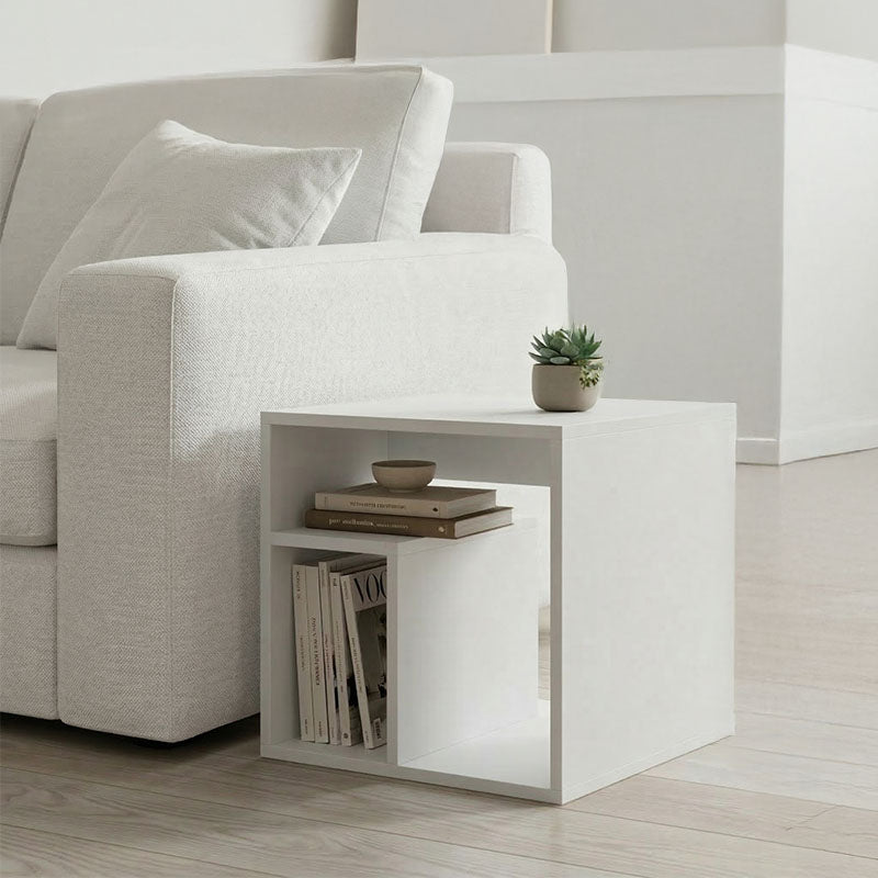 Masă laterală dublă cu funcție de depozitare , Stil Modern, Material: Lemn, Dimensiuni: 40x35x40 cm, Culoare: Alb.