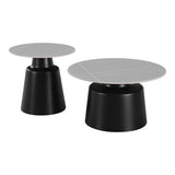 Set 2 mese de cafea Dualis, metal negru, piatră ceramică gri cu aspect de marmură, 50x50 cm și 40x40 cm