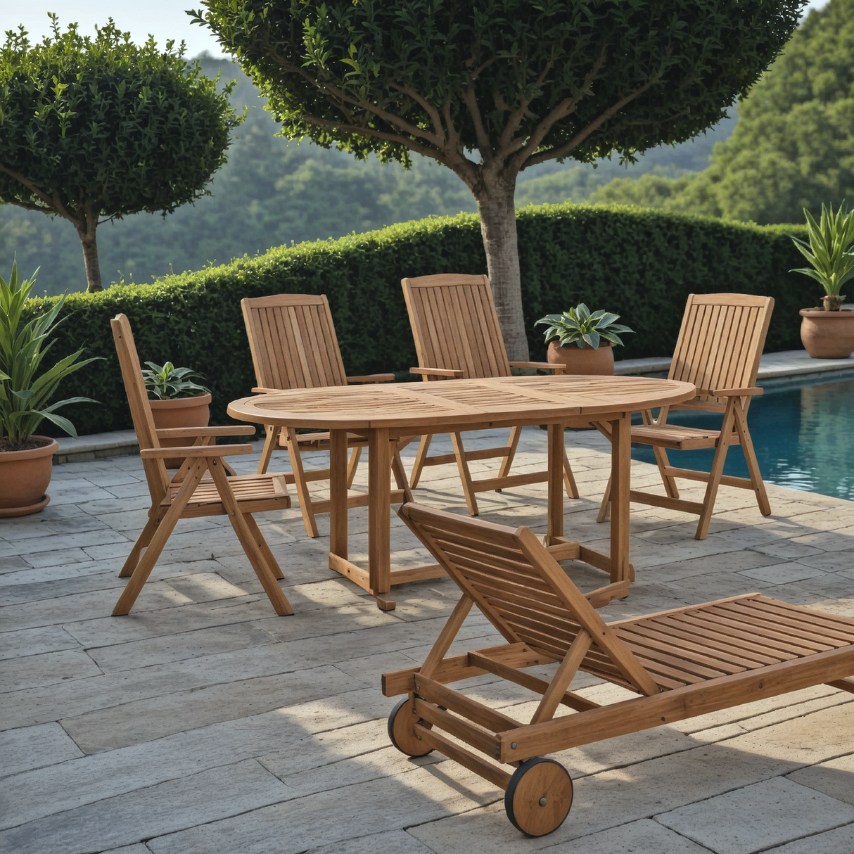 Masa de sufragerie Zerco 5 piese, lemn masiv Natural de salcam,  200/150x100x75 cm