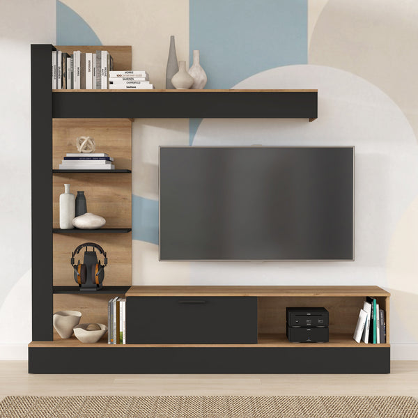 Ansamblu comoda TV Dranko negru stejar melaminat 205x41.5x192 cm