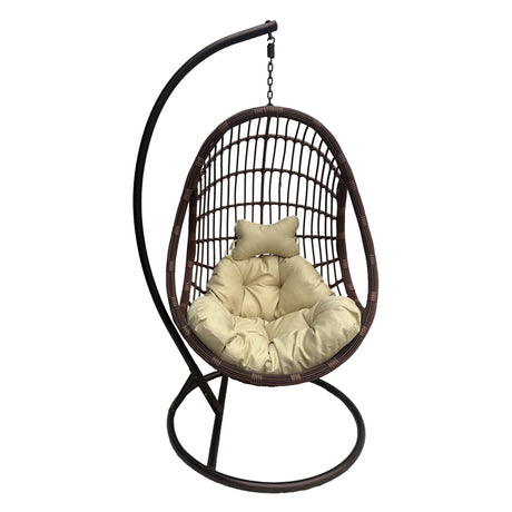 Leagăn tip cuib cu suport Cungo, metal și ratan maro, pernă bej, 125x105x195 cm