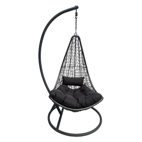 Leagăn tip cuib cu bază Soleil, metal negru, ratan natural, pernă neagră, 120x95x195 cm