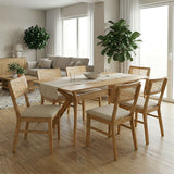 Set masă dining Raffles cu 7 piese, lemn cauciucat și ratan, natural, 150x90x76 cm