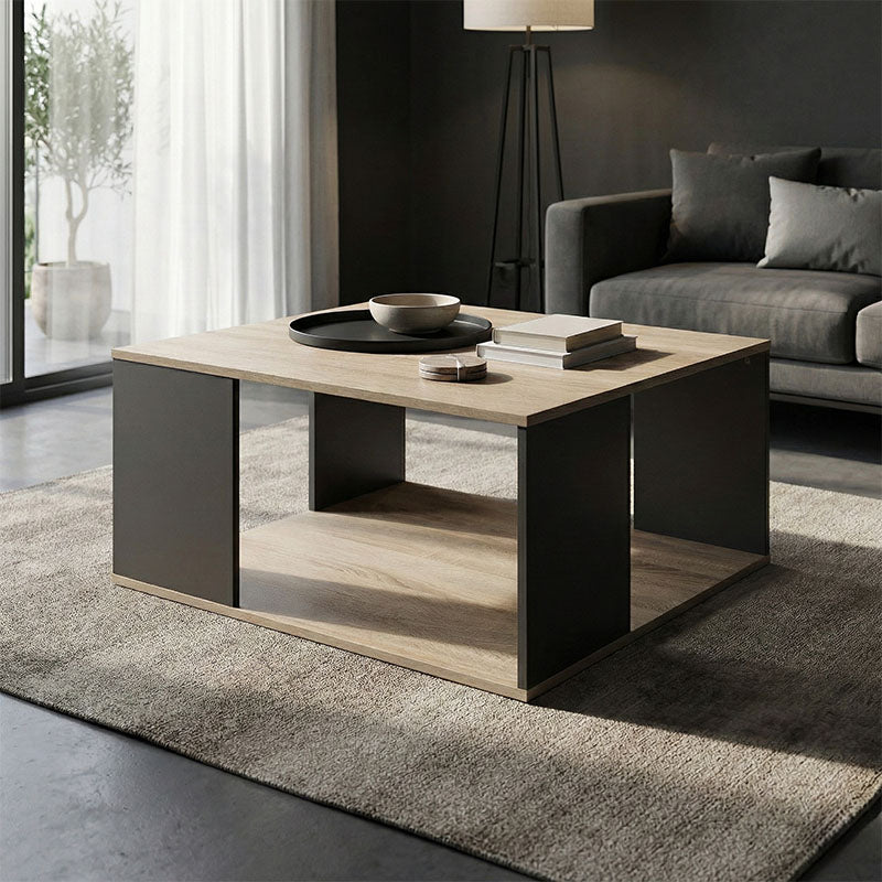 Masă de cafea cu design modern , Stil Sonoma-Antracit, Lemn și Metal, 90x90x44.5cm