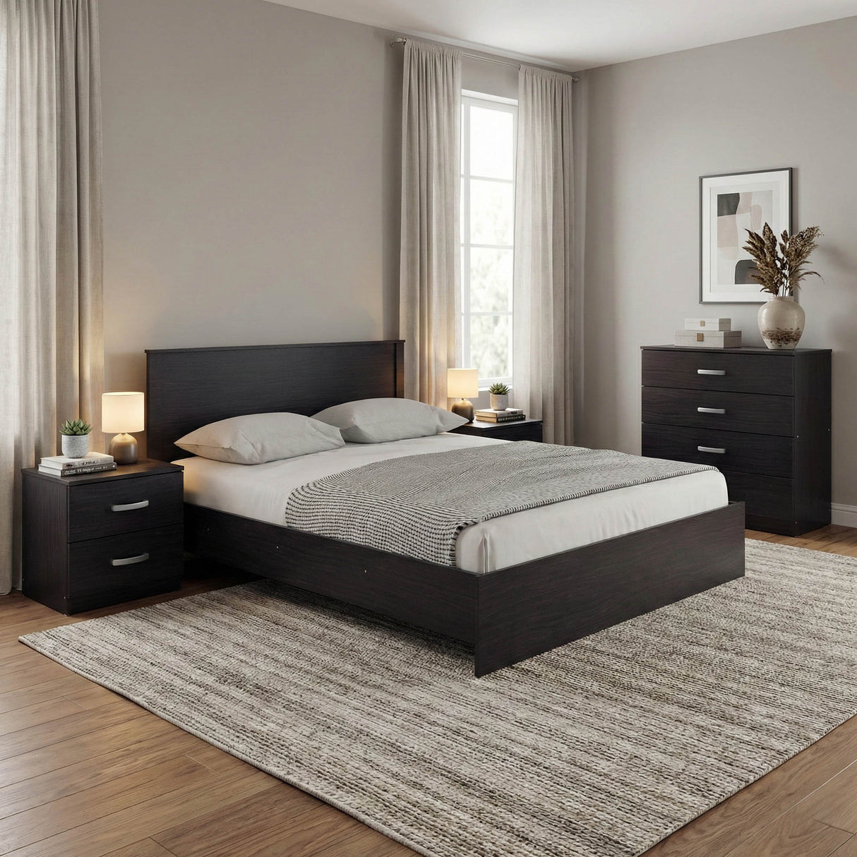 Set Mobilier Dormitor cu Pat 160x200 cm, Athos, Lemn Wenge, Generoase, Set 4 Piese