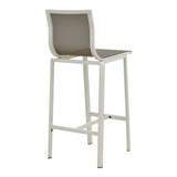 Scaun de bar stivuibil cu structură din aluminiu Melina, textil alb și gri, 57x52x106 cm