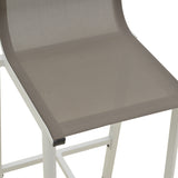 Scaun de bar stivuibil cu structură din aluminiu Melina, textil alb și gri, 57x52x106 cm
