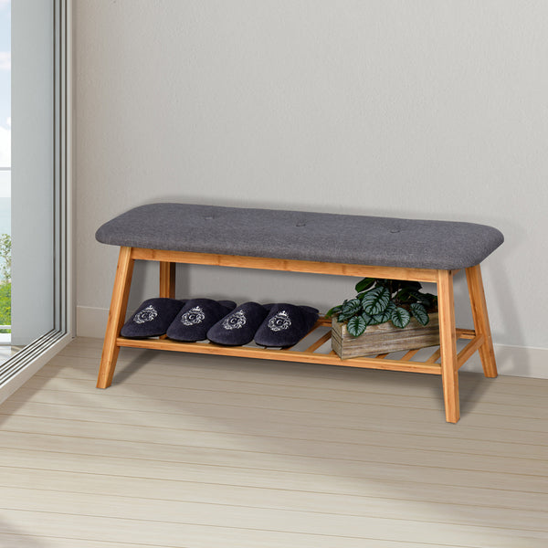 Bancă pentru încălțăminte cu 4 perechi Zerma, Bambus-Textil, Natural-Gri, 100x30x44 cm
