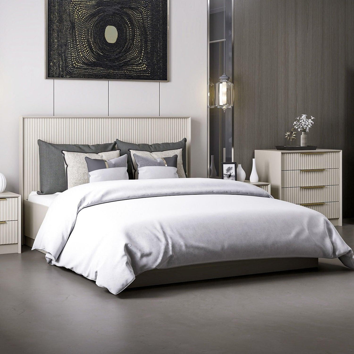 Baza pat dublu și tăblie Kale, Piatră, 150x130x208 cm