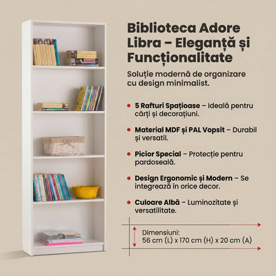 Biblioteca Adore Libra, 5 rafturi, 56 x 170 x 20 cm - Alb
