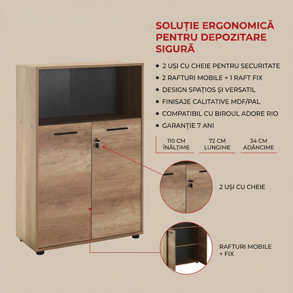 Biblioteca Adore New York, 2 usi cu cheie, 3 rafturi, Natur - Sonoma, 72x110x34 cm