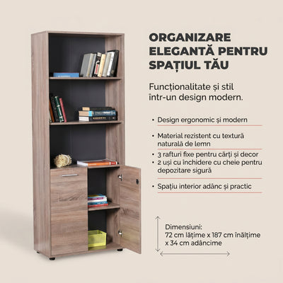 Biblioteca Adore New York Office, 2 usi cu cheie, 3 rafturi fix, 72 x 187 x 34 cm