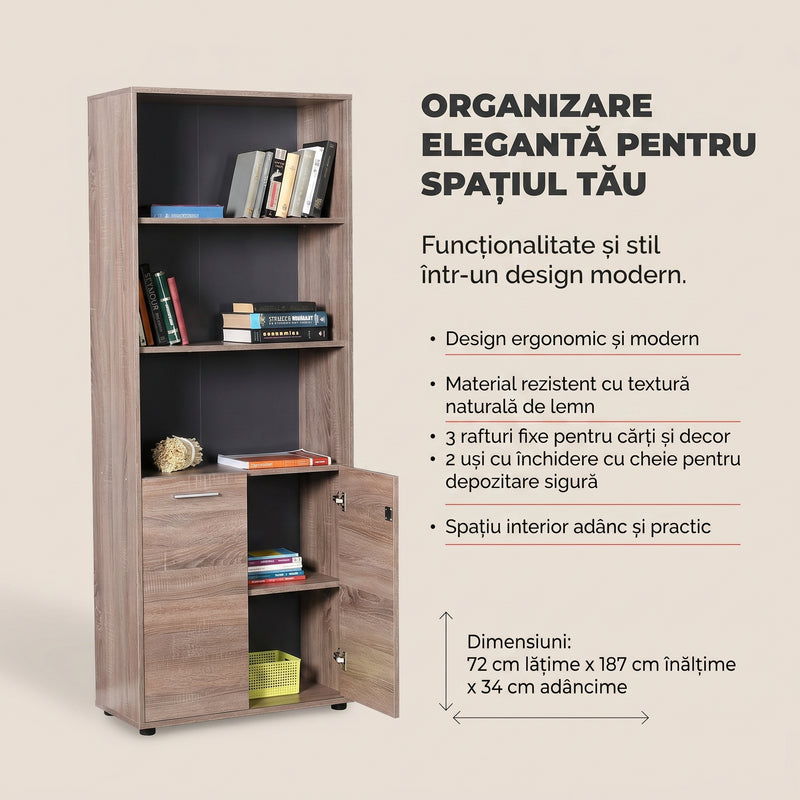Biblioteca Adore New York Office, 2 usi cu cheie, 3 rafturi fix, 72 x 187 x 34 cm