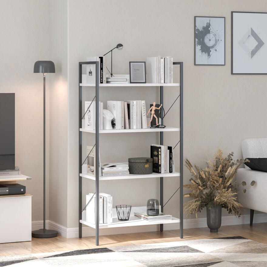 Biblioteca Adore Profile cu 4 rafturi, Alb - Maro - Stejar, 73x136x35 cm - Alb