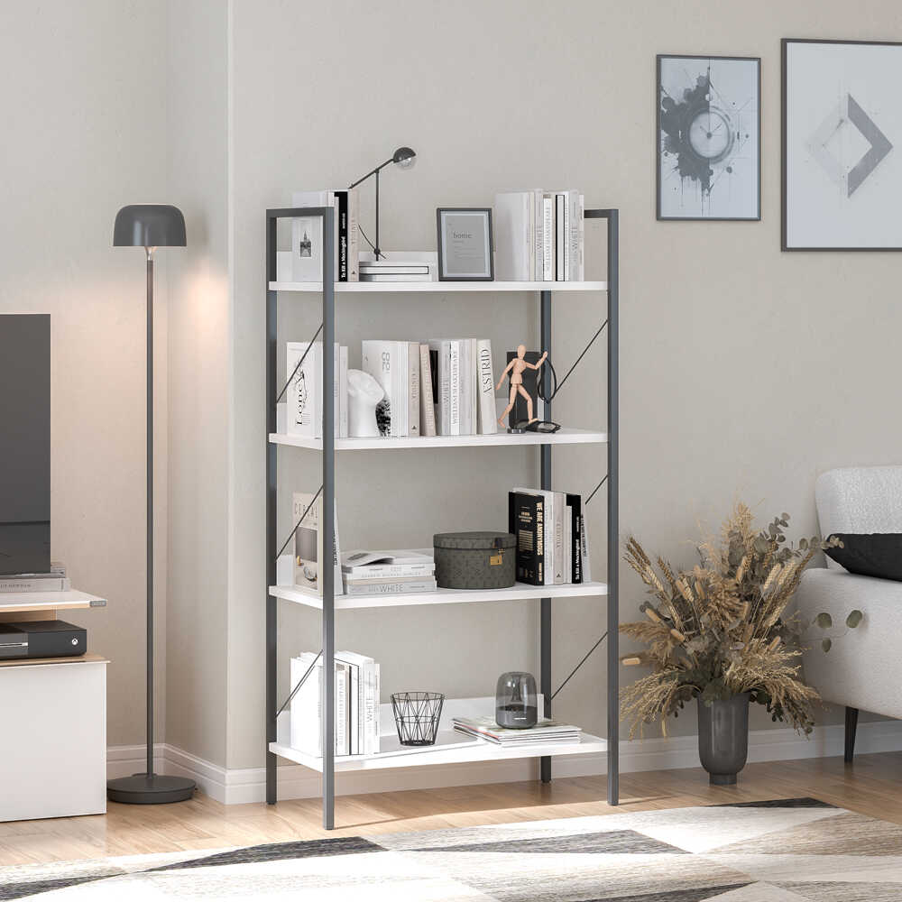 Biblioteca Adore Profile cu 4 rafturi, Alb - Maro - Stejar, 73x136x35 cm - Alb