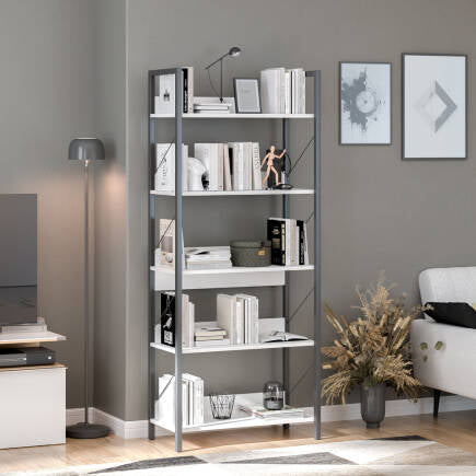 Biblioteca Adore Profile cu 5 rafturi, Alb - Maro - Stejar, 73x172x35 cm
