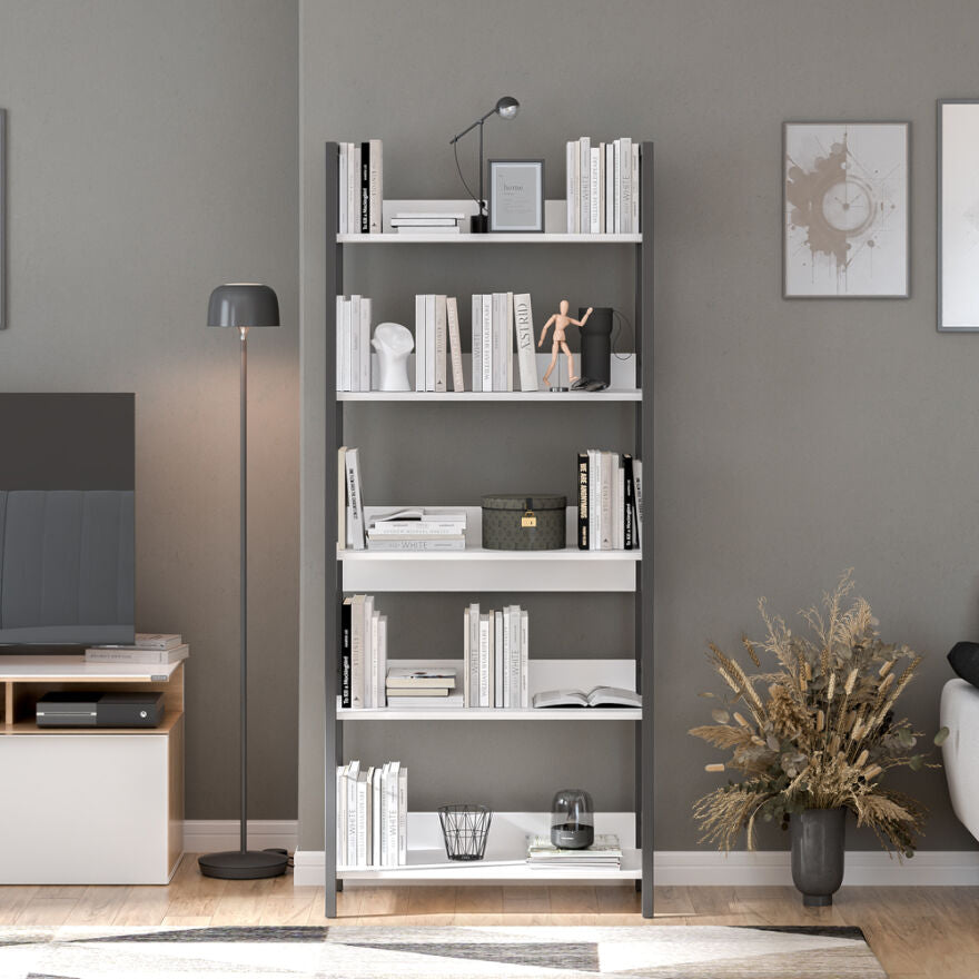 Biblioteca Adore Profile cu 5 rafturi, Alb - Maro - Stejar, 73x172x35 cm - Alb