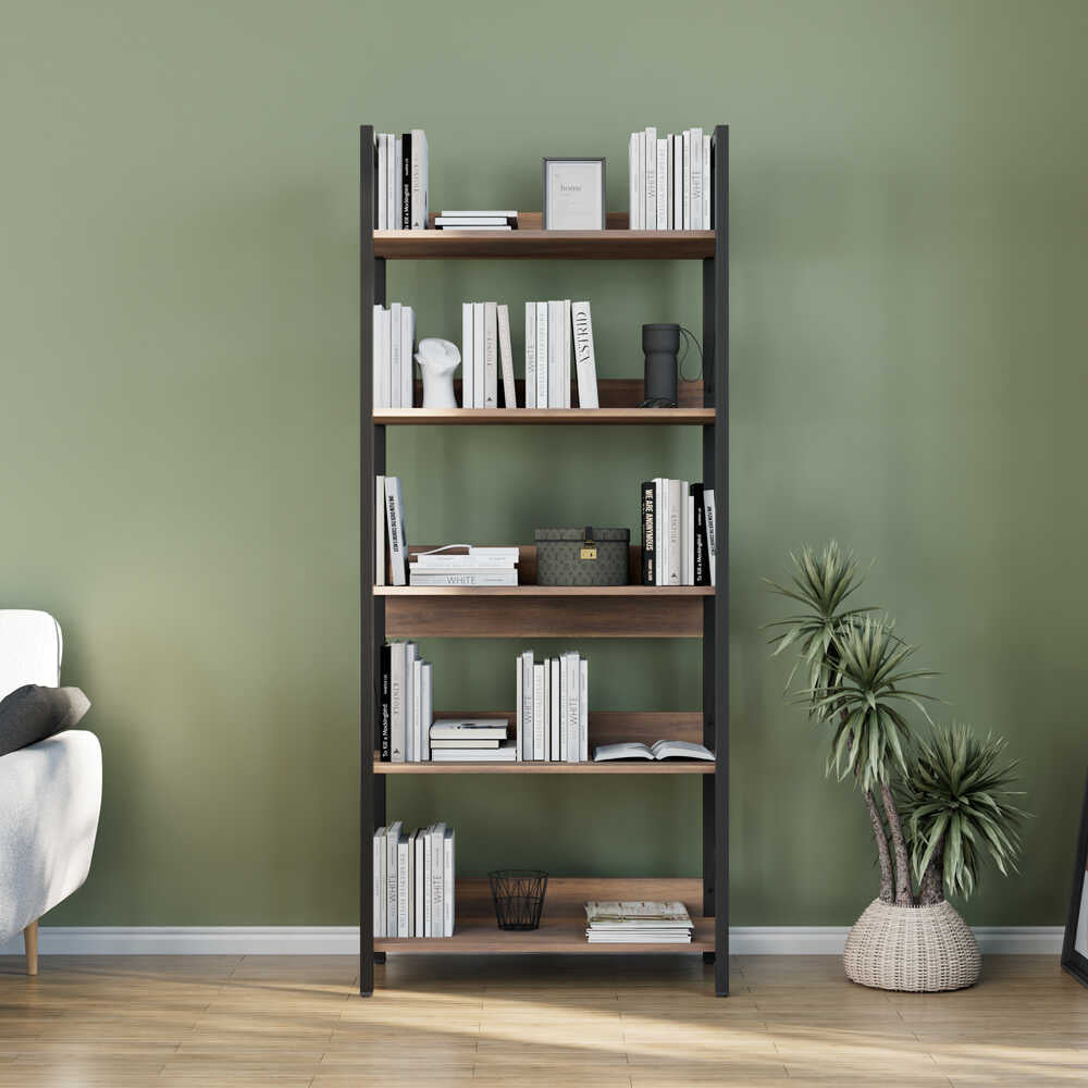Biblioteca Adore Profile cu 5 rafturi, Alb - Maro - Stejar, 73x172x35 cm - Maro