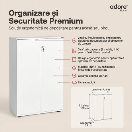 Bibliotecă Adore Rio cu 2 Uși, Cheie și 3 Rafturi, 72 x 109 x 34 cm