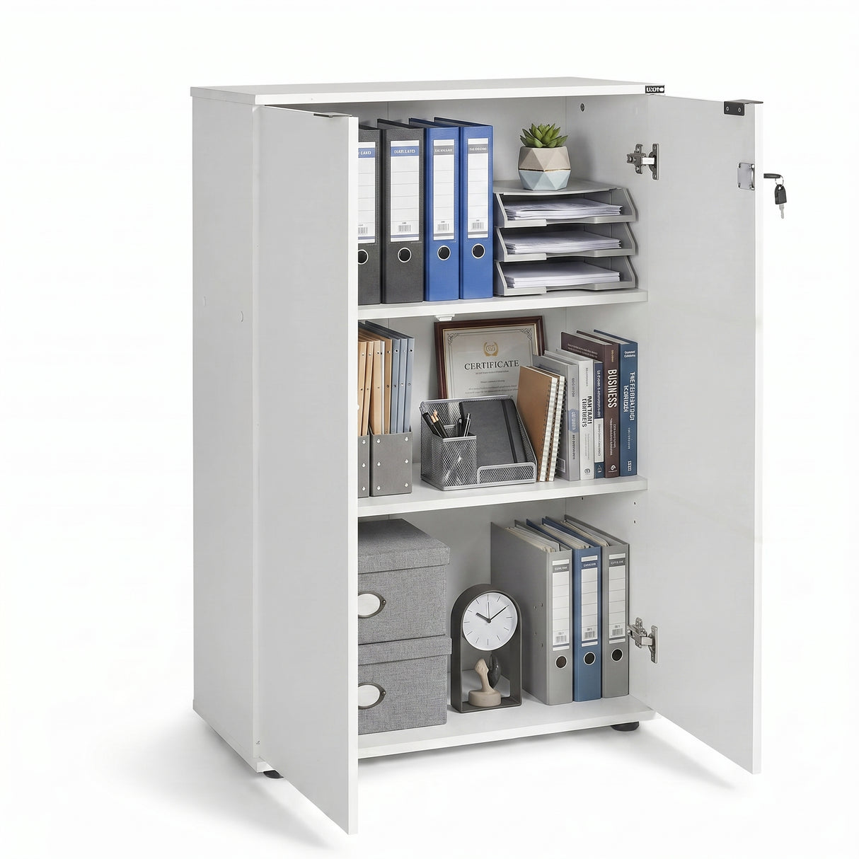 Bibliotecă Adore Rio cu 2 Uși, Cheie și 3 Rafturi, 72x109x34 cm - Alb