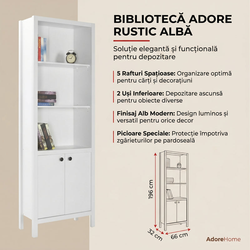 Biblioteca Adore Rustic cu 5 raffturi si usi, Alb, 66 x 196 x 32 cm