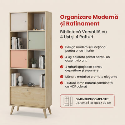 Biblioteca Adore Tiffany, 4 usi si 4 rafturi, Multicolor, 67x181x30 cm, imagine suplimentara