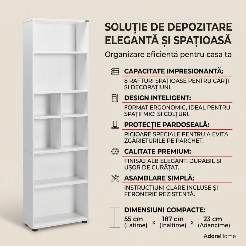 Biblioteca Adore White, 8 rafturi, Alb, 55x187x23 cm, detaliu produs